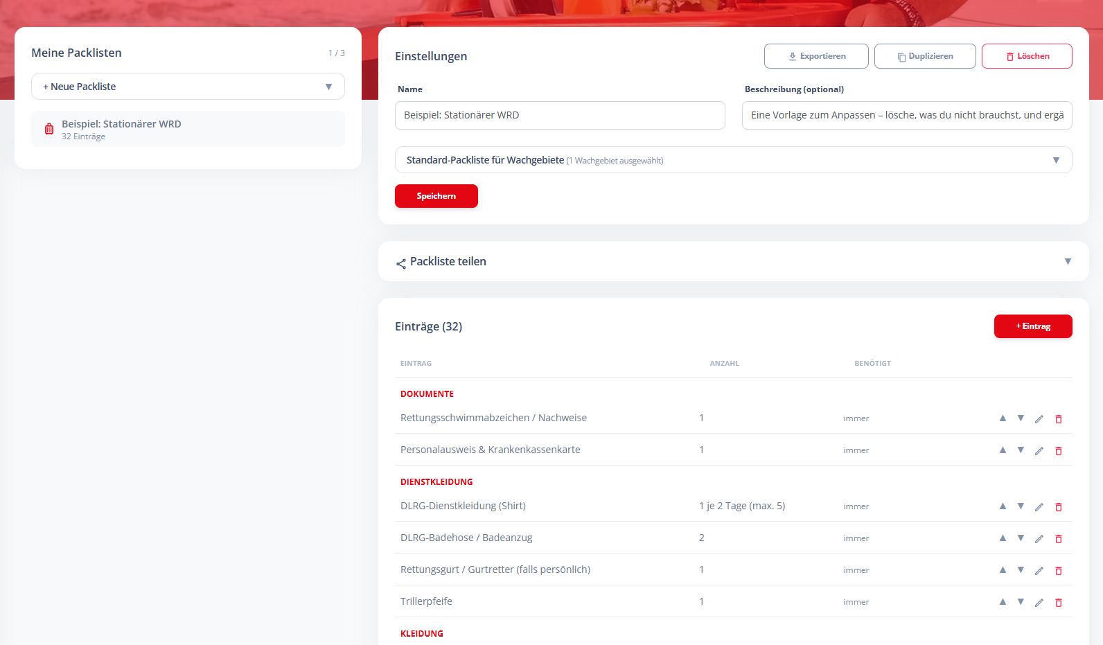 Packlisten verwalten
